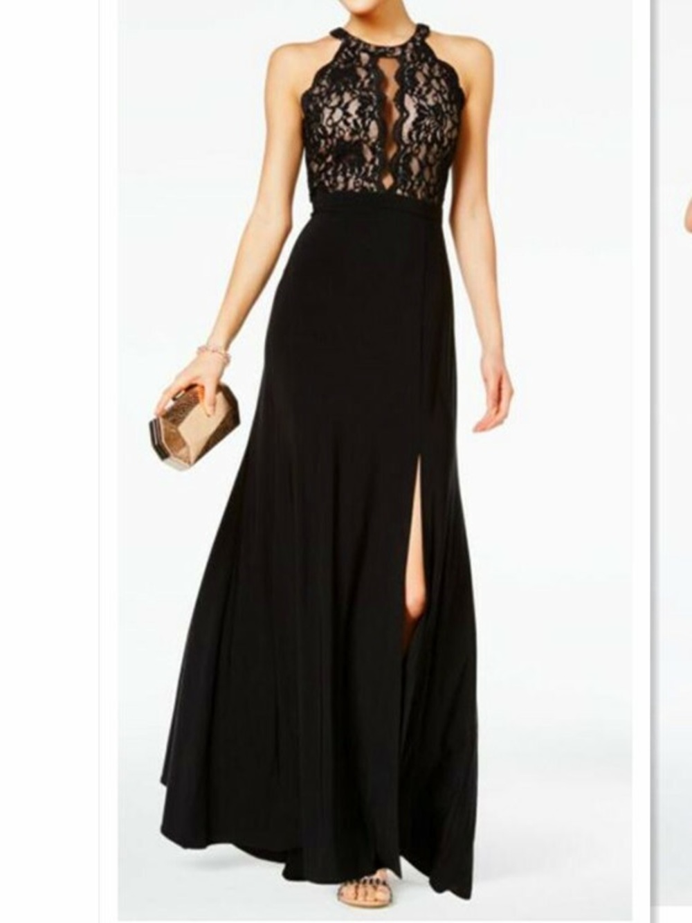 Morgan & Co. Black Lace Halter Maxi Dress with Front Slit